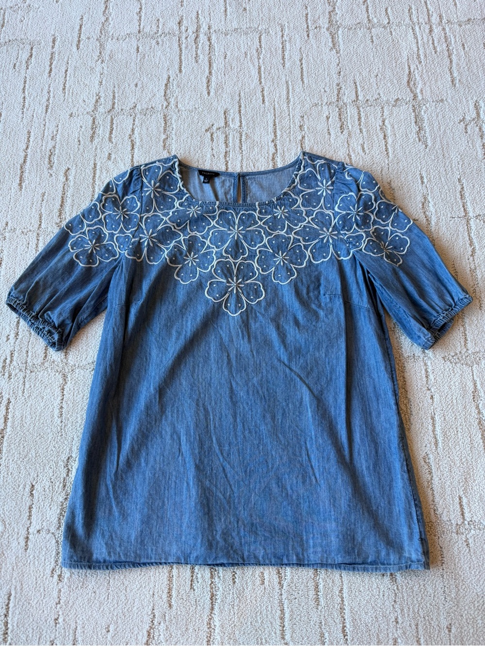 Talbots Blue Denim Embroidered Floral Yoke Top